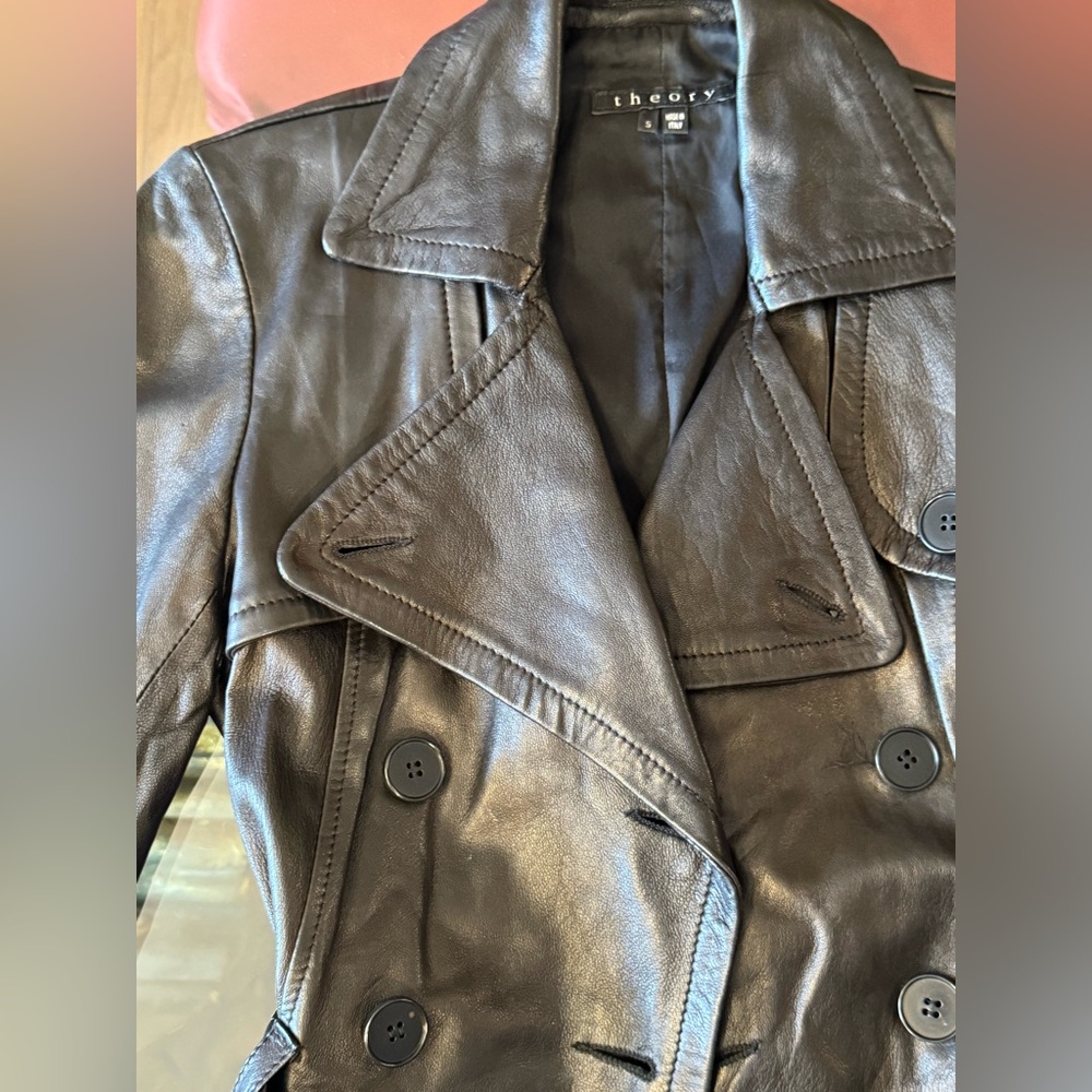 THEORY - Black Leather midi Trench Coat